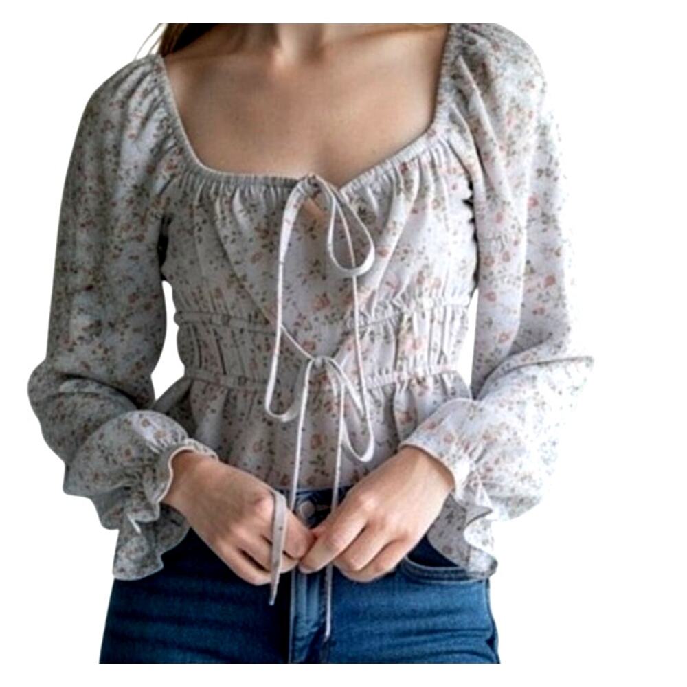 ACOA Women's Small Blue Pink Floral Smocked Ruffled Long Sleeve Crop Top